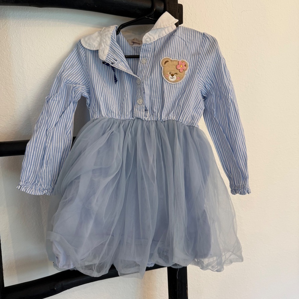 Vintage Girls Bin Paw Blue Striped Shirt & Tulle Dress with‎ Bear Applique